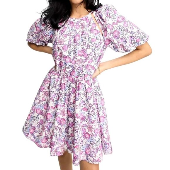 French Connection XL Floral Cotton Fontini Mini Dress Pink Cutout Puff Sleeves - Picture 1 of 10